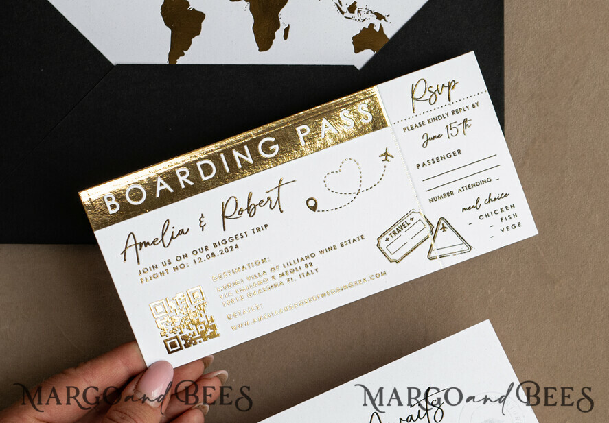 SAMPLING SERVICE samples Gold White Black Passport Wedding Invitation, Golden Wedding Cards Boarding Pass, Travel Passport Wedding Invitations Abroad, Destination Wedding Invites, Travel Map Wedding Stationary