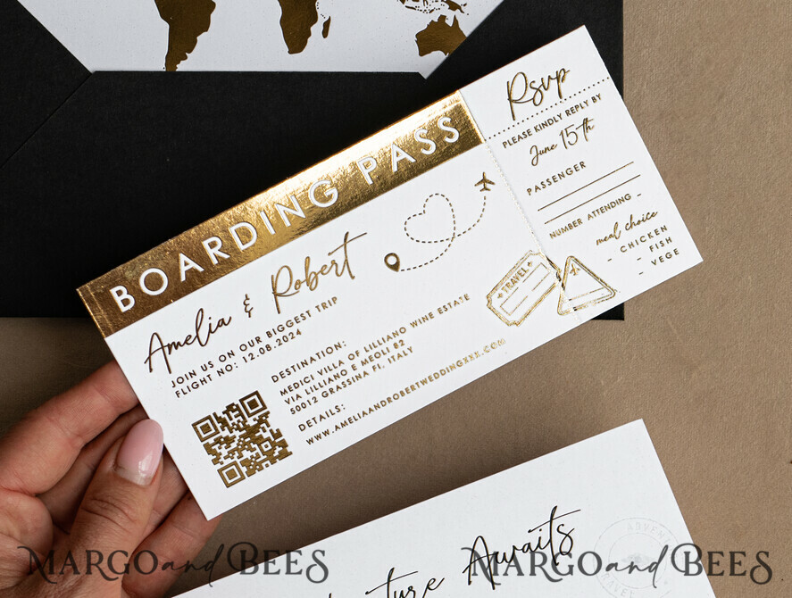 SAMPLING SERVICE samples Gold White Black Passport Wedding Invitation, Golden Wedding Cards Boarding Pass, Travel Passport Wedding Invitations Abroad, Destination Wedding Invites, Travel Map Wedding Stationary