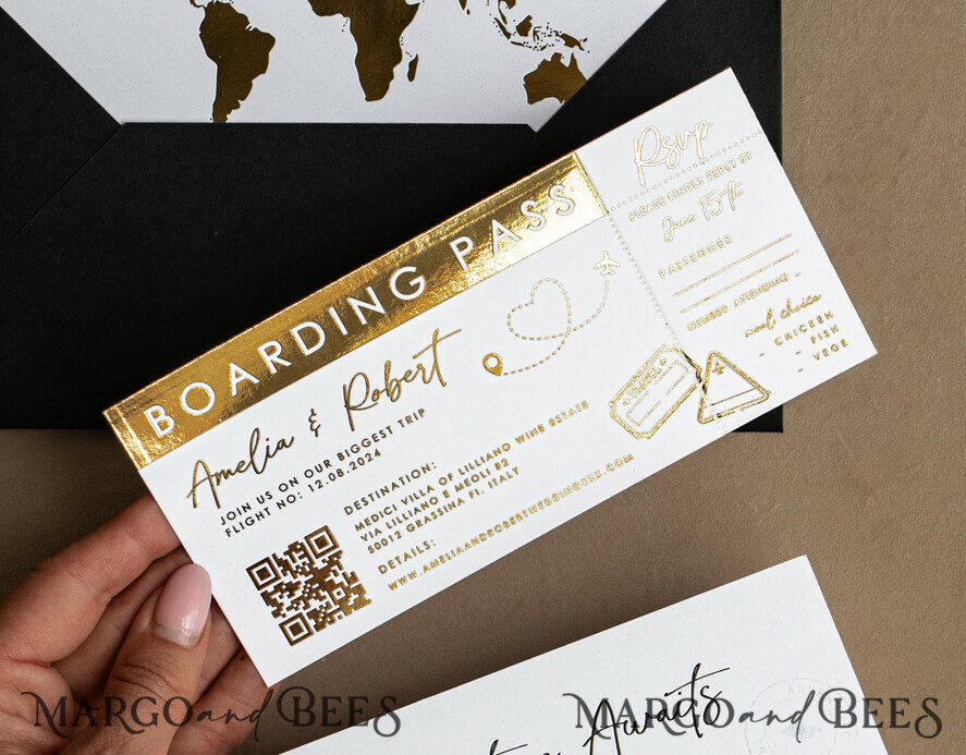 SAMPLING SERVICE samples Gold White Black Passport Wedding Invitation, Golden Wedding Cards Boarding Pass, Travel Passport Wedding Invitations Abroad, Destination Wedding Invites, Travel Map Wedding Stationary