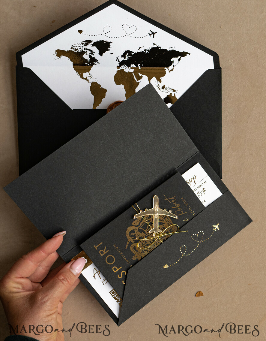 SAMPLING SERVICE samples Gold White Black Passport Wedding Invitation, Golden Wedding Cards Boarding Pass, Travel Passport Wedding Invitations Abroad, Destination Wedding Invites, Travel Map Wedding Stationary