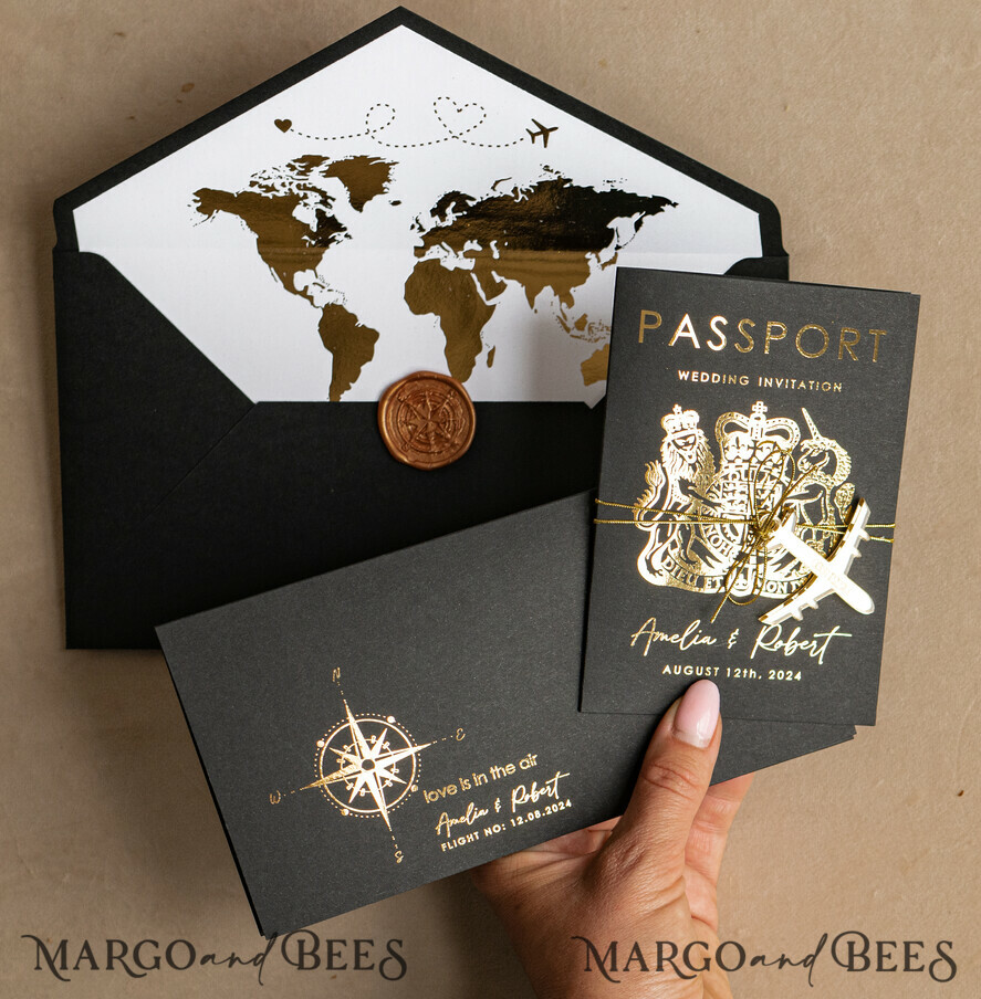 SAMPLING SERVICE samples Gold White Black Passport Wedding Invitation, Golden Wedding Cards Boarding Pass, Travel Passport Wedding Invitations Abroad, Destination Wedding Invites, Travel Map Wedding Stationary