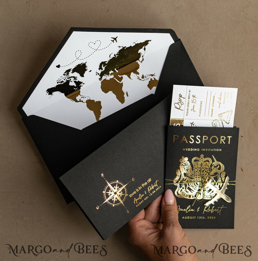 SAMPLING SERVICE samples Gold White Black Passport Wedding Invitation, Golden Wedding Cards Boarding Pass, Travel Passport Wedding Invitations Abroad, Destination Wedding Invites, Travel Map Wedding Stationary