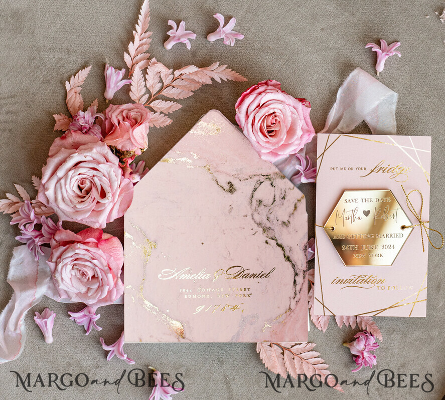 SAVE THE DATES acrylic gold magnets Personalised gold and blush pink Save the Date, Hexagon Acrylic Magnet, Gold Elegant Wedding Save The Dates