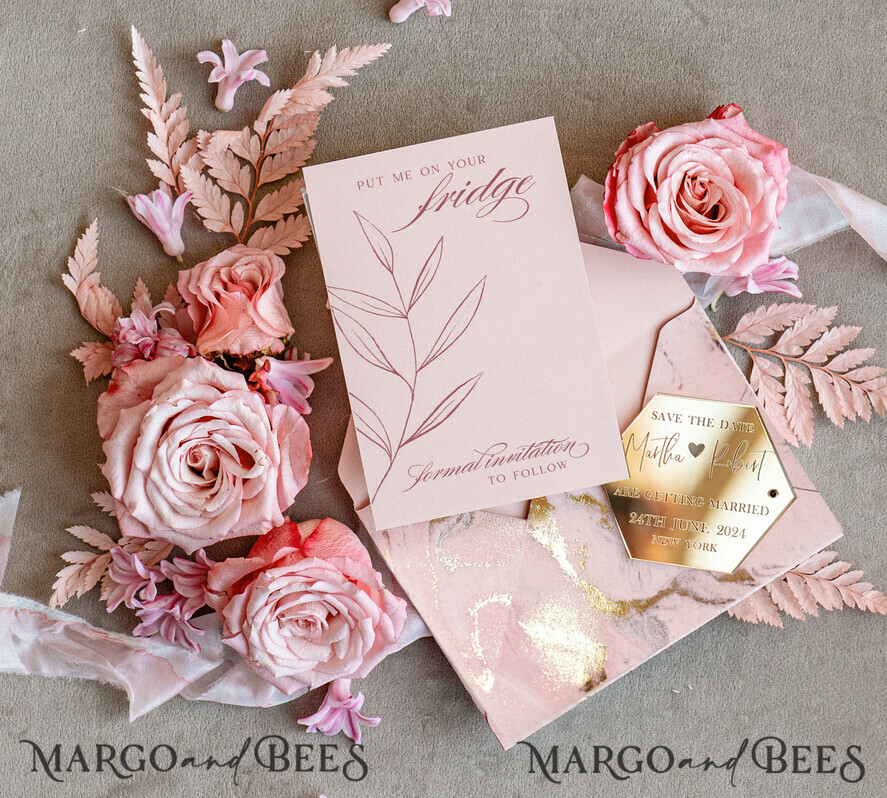 SAVE THE DATES acrylic gold magnets Luxury Save the Date card, Gold Hexagon Acrylic Magnet and blush pink card, Save the Date Hexagon Acrylic Magnet, Gold Elegant Wedding Save The Dates