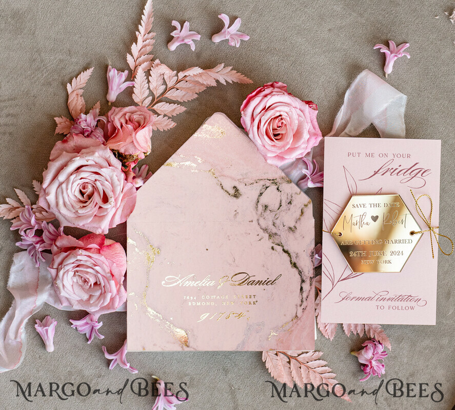 SAVE THE DATES acrylic gold magnets Luxury Save the Date card, Gold Hexagon Acrylic Magnet and blush pink card, Save the Date Hexagon Acrylic Magnet, Gold Elegant Wedding Save The Dates