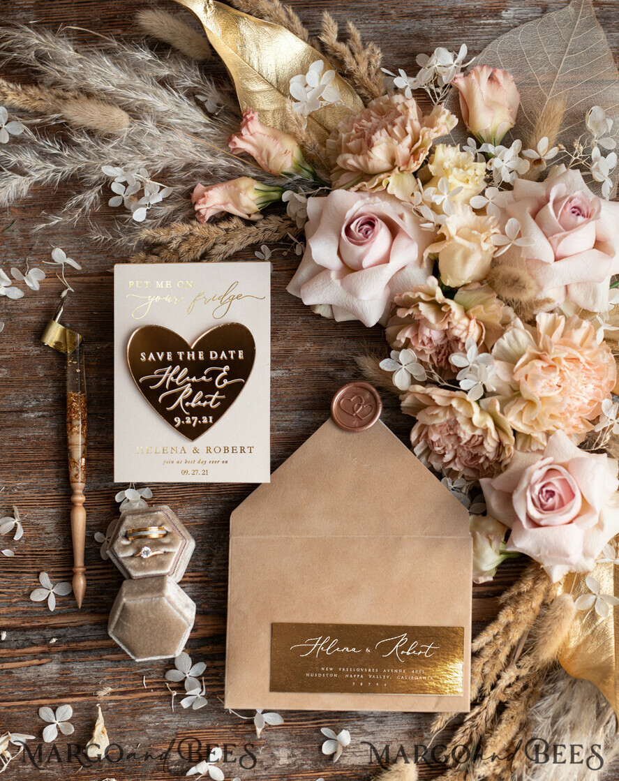 SAVE THE DATES acrylic gold magnets Acrylic Gild Mirror Save The Date Magnets, Velvet Save the Date Cards Heart magnets, Gold Foil wedding Save the date cards golden heart magnets