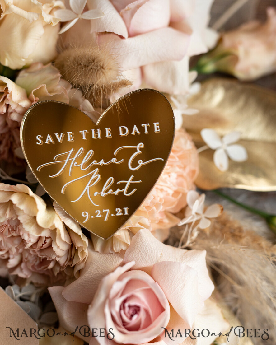 SAVE THE DATES acrylic gold magnets Acrylic Gild Mirror Save The Date Magnets, Velvet Save the Date Cards Heart magnets, Gold Foil wedding Save the date cards golden heart magnets