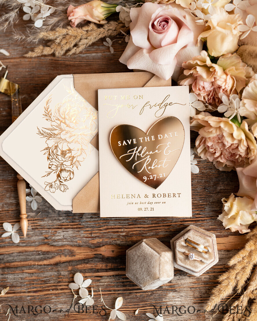 SAVE THE DATES acrylic gold magnets Acrylic Gild Mirror Save The Date Magnets, Velvet Save the Date Cards Heart magnets, Gold Foil wedding Save the date cards golden heart magnets