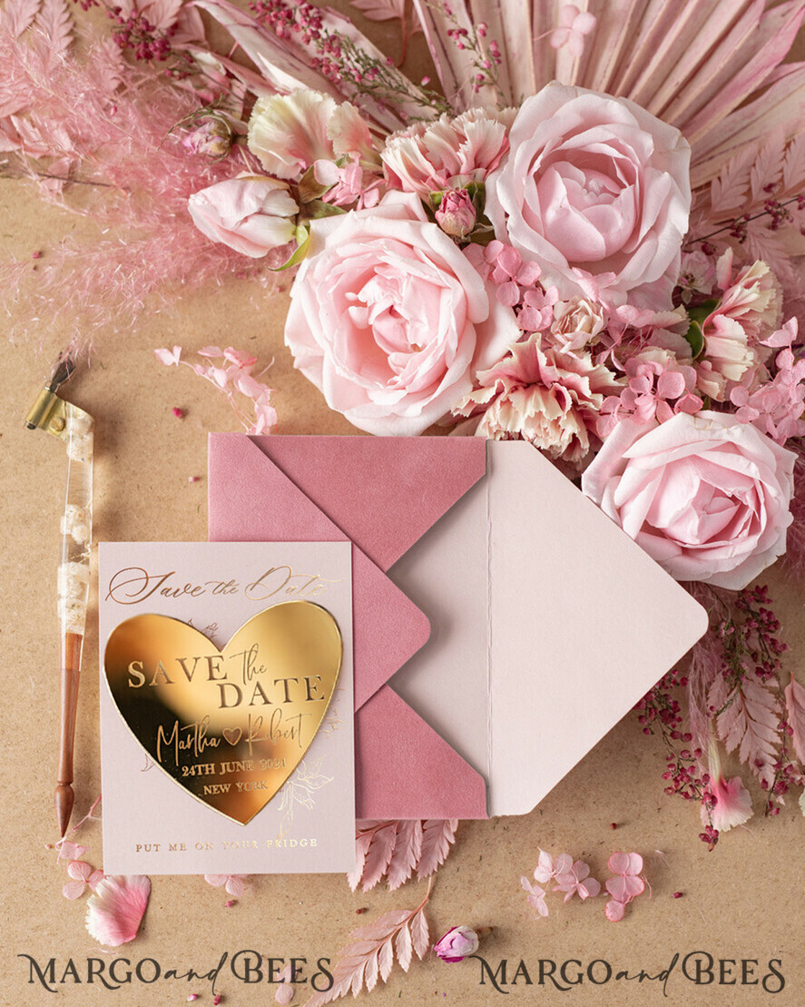 SAVE THE DATES acrylic gold magnets Personalised Save the Date Heart Magnet and Card, Gold Elegant Wedding Save The Dates Acrylic Heart, Velvet Save The Date Cards