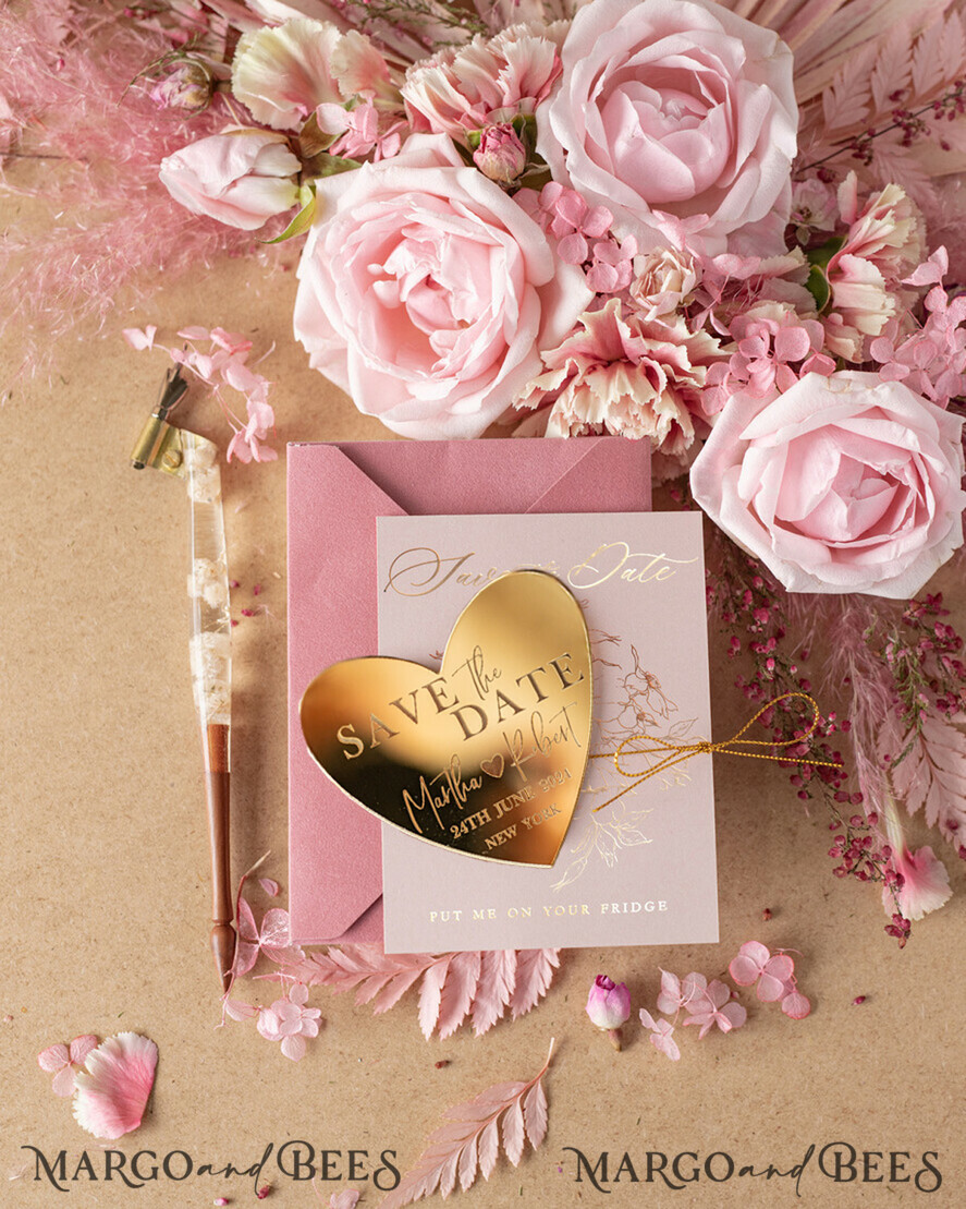 SAVE THE DATES acrylic gold magnets Personalised Save the Date Heart Magnet and Card, Gold Elegant Wedding Save The Dates Acrylic Heart, Velvet Save The Date Cards