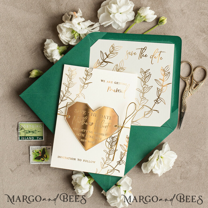SAVE THE DATES acrylic gold magnets Personalised Save the Date Heart Magnet and Card, Gold Dark Green Elegant Wedding Save The Dates Acrylic Heart