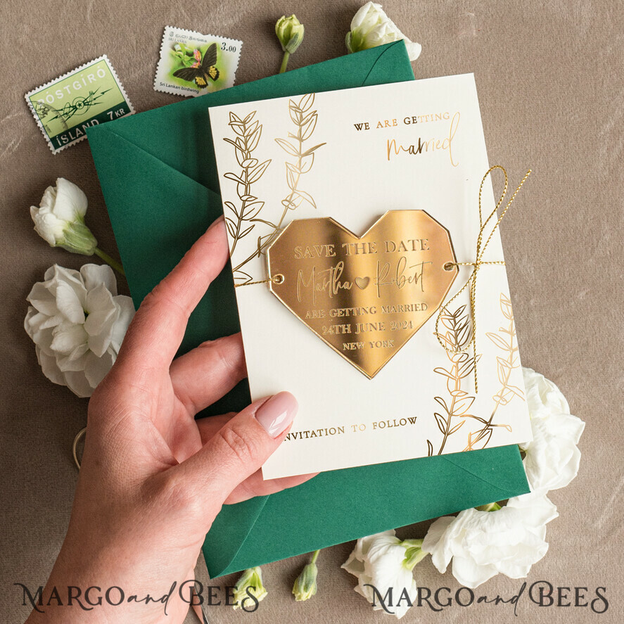 SAVE THE DATES acrylic gold magnets Personalised Save the Date Heart Magnet and Card, Gold Dark Green Elegant Wedding Save The Dates Acrylic Heart