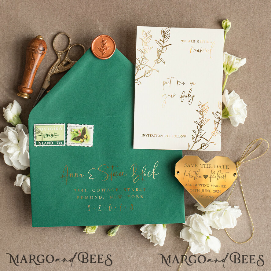 SAVE THE DATES acrylic gold magnets Personalised Save the Date Heart Magnet and Card, Gold Dark Green Elegant Wedding Save The Dates Acrylic Heart