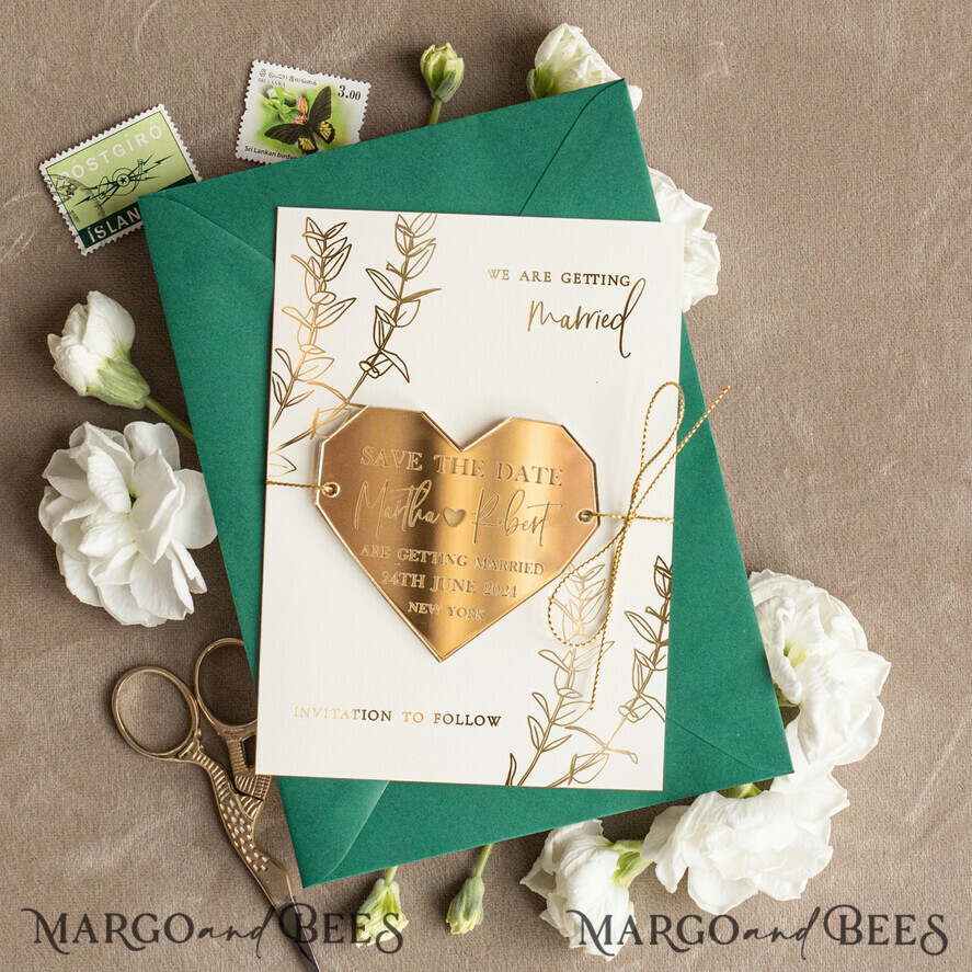 SAVE THE DATES acrylic gold magnets Personalised Save the Date Heart Magnet and Card, Gold Dark Green Elegant Wedding Save The Dates Acrylic Heart