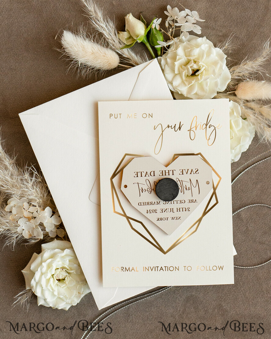 SAVE THE DATES acrylic gold magnets Personalised Gold Acrylic heart Save the Date Magnet and Card, ivory Wedding Save The Dates Plexi Magnets, Wedding Boho Save The Date Cards