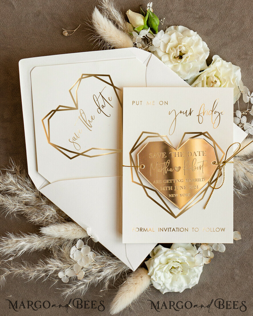 SAVE THE DATES acrylic gold magnets Personalised Gold Acrylic heart Save the Date Magnet and Card, ivory Wedding Save The Dates Plexi Magnets, Wedding Boho Save The Date Cards