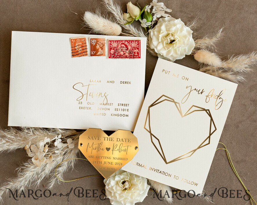 SAVE THE DATES acrylic gold magnets Personalised Gold Acrylic heart Save the Date Magnet and Card, ivory Wedding Save The Dates Plexi Magnets, Wedding Boho Save The Date Cards