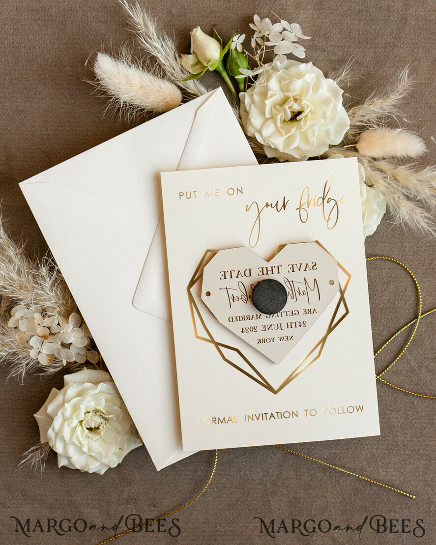 SAVE THE DATES acrylic gold magnets Personalised Gold Acrylic heart Save the Date Magnet and Card, ivory Wedding Save The Dates Plexi Magnets, Wedding Boho Save The Date Cards
