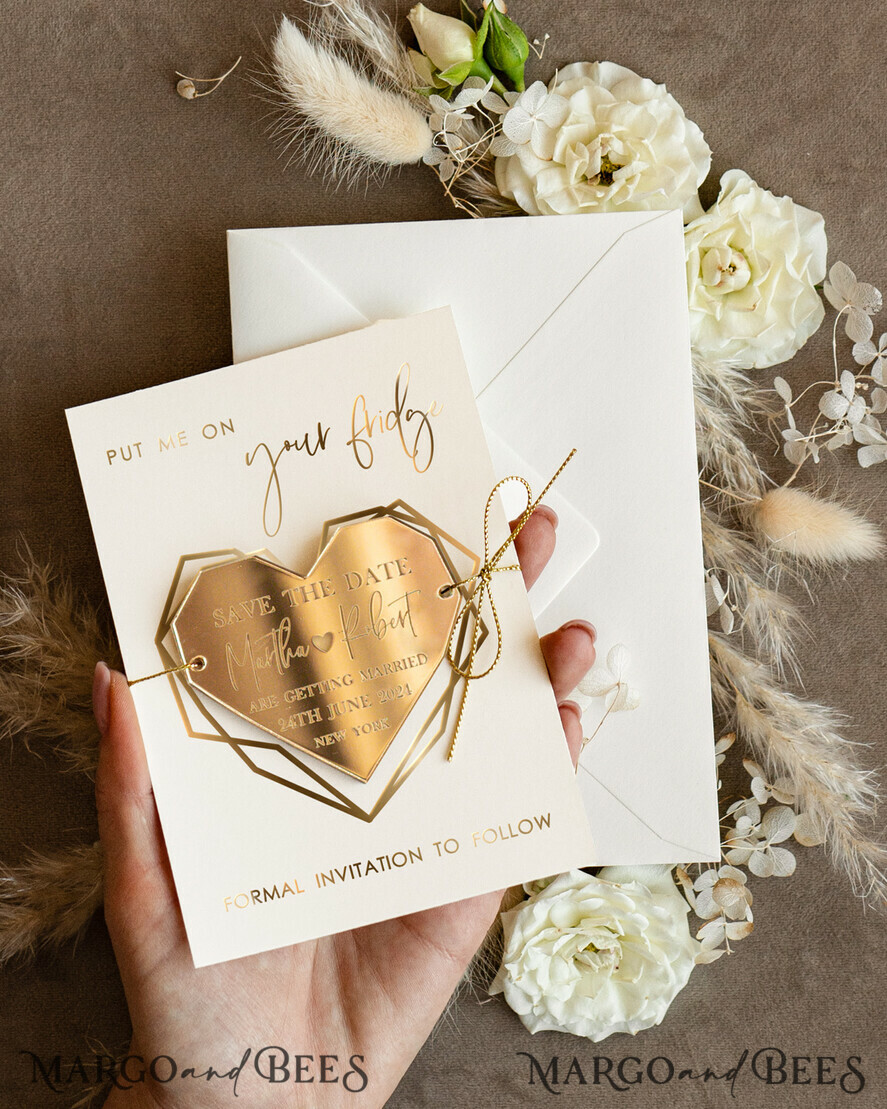 SAVE THE DATES acrylic gold magnets Personalised Gold Acrylic heart Save the Date Magnet and Card, ivory Wedding Save The Dates Plexi Magnets, Wedding Boho Save The Date Cards