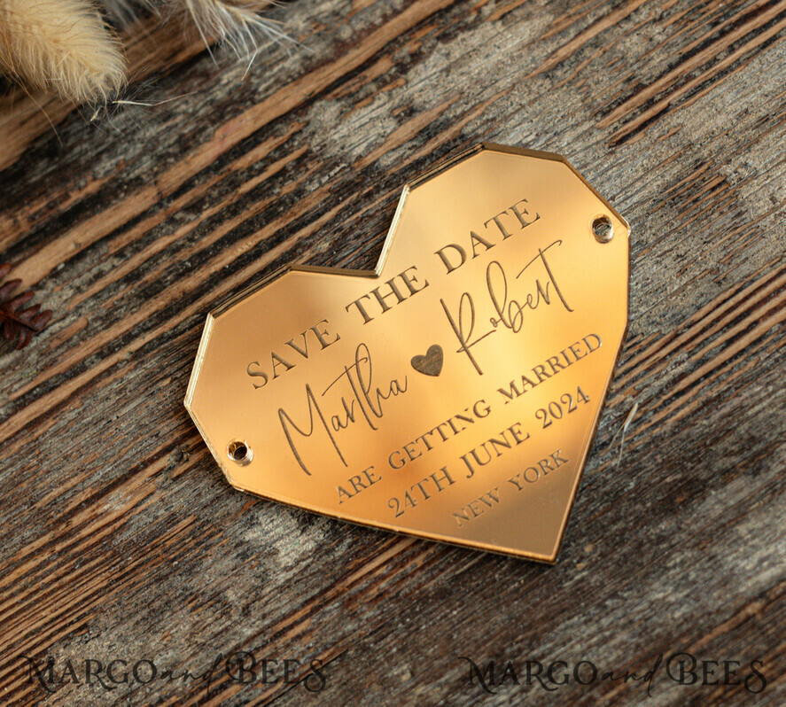 SAVE THE DATES acrylic gold magnets Personalised Gold Acrylic heart Save the Date Magnet and Card, ivory Wedding Save The Dates Plexi Magnets, Wedding Boho Save The Date Cards