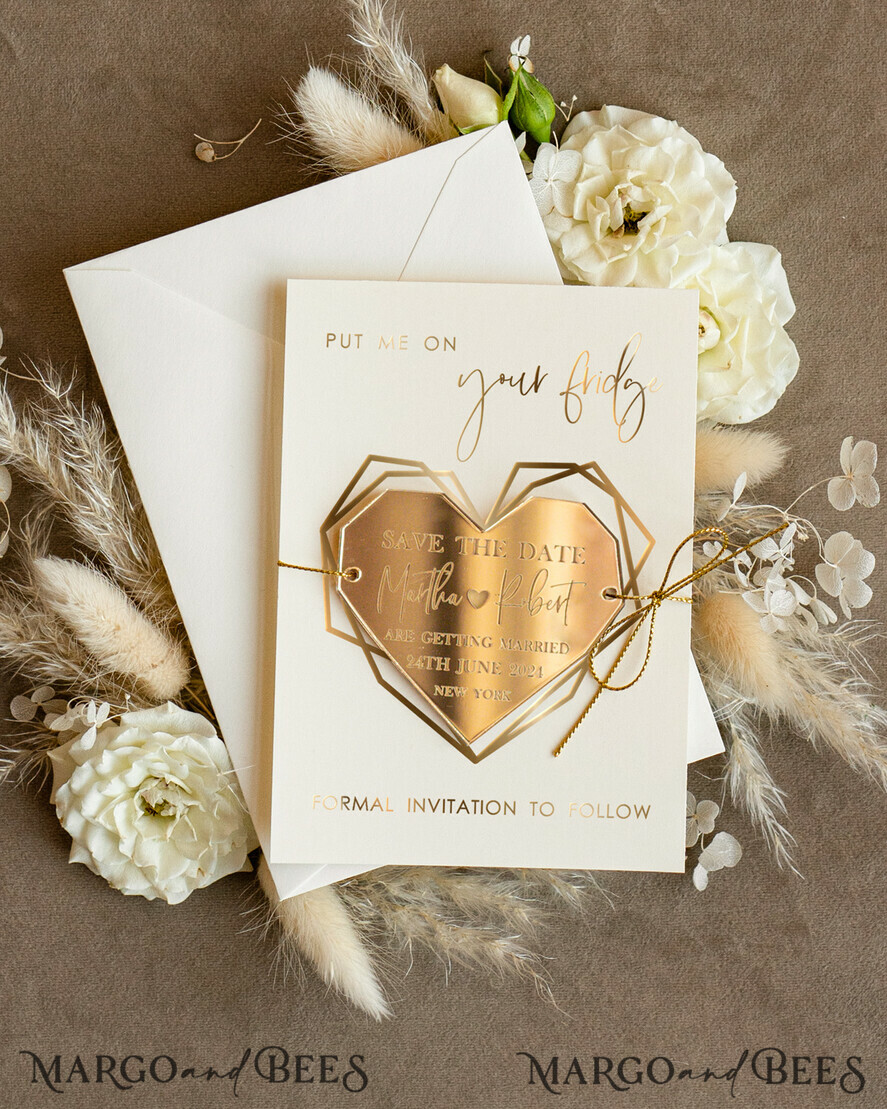 SAVE THE DATES acrylic gold magnets Personalised Gold Acrylic heart Save the Date Magnet and Card, ivory Wedding Save The Dates Plexi Magnets, Wedding Boho Save The Date Cards