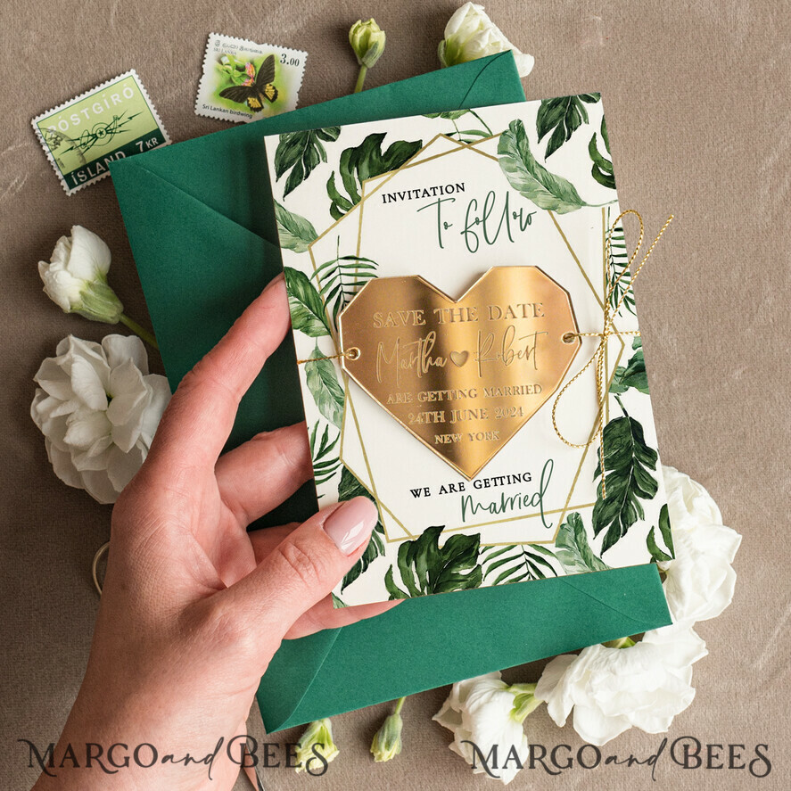 SAVE THE DATES acrylic gold magnets Elegant Green and Gold Save the Date Acrylic Heart Magnet, Gold Wedding Save The Dates Acrylic Magnets, Dark Green envelope Save The Date