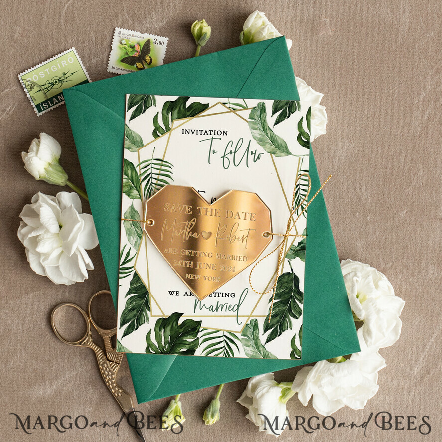 SAVE THE DATES acrylic gold magnets Elegant Green and Gold Save the Date Acrylic Heart Magnet, Gold Wedding Save The Dates Acrylic Magnets, Dark Green envelope Save The Date