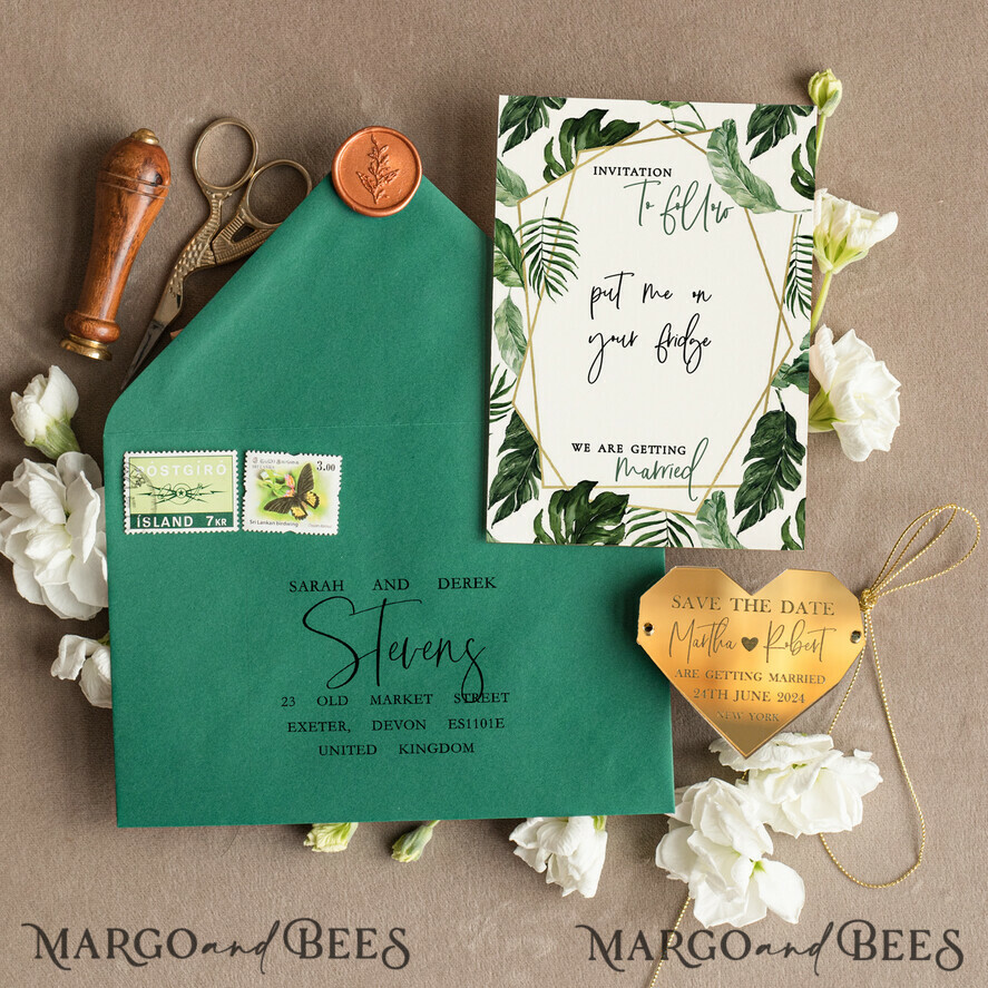 SAVE THE DATES acrylic gold magnets Elegant Green and Gold Save the Date Acrylic Heart Magnet, Gold Wedding Save The Dates Acrylic Magnets, Dark Green envelope Save The Date