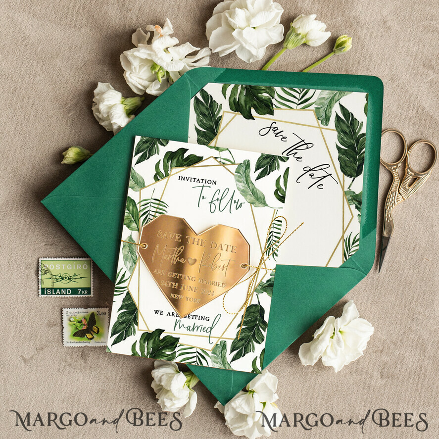 SAVE THE DATES acrylic gold magnets Elegant Green and Gold Save the Date Acrylic Heart Magnet, Gold Wedding Save The Dates Acrylic Magnets, Dark Green envelope Save The Date