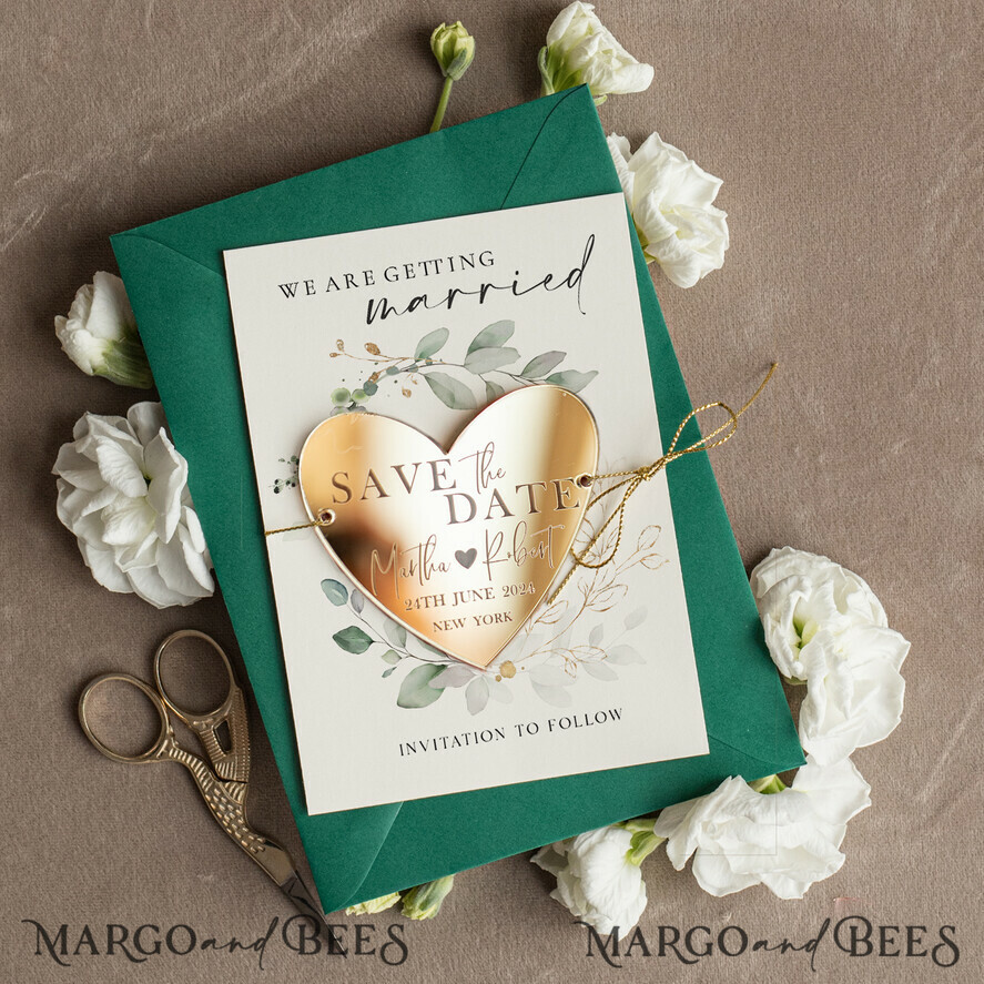 SAVE THE DATES acrylic gold magnets Personalised Gold Save the Date Acrylic Heart Magnet and Card, Gold Heart Wedding Save The Dates Acrylic Magnets, Green Save The Date Cards with heart magnet
