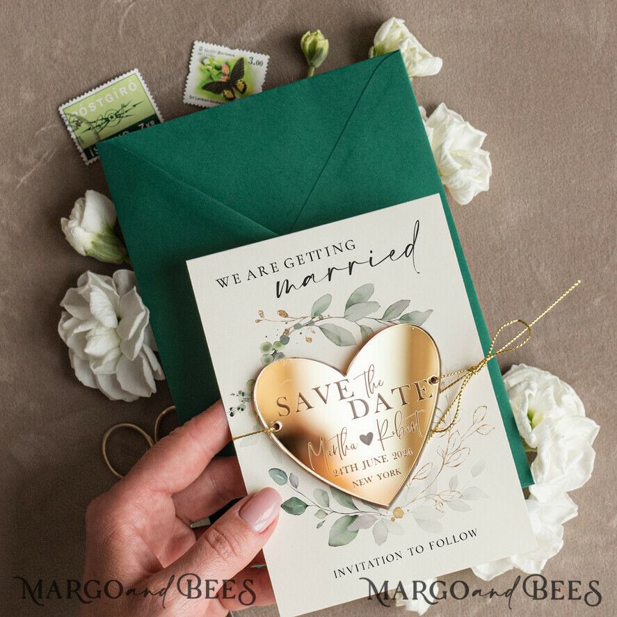 SAVE THE DATES acrylic gold magnets Personalised Gold Save the Date Acrylic Heart Magnet and Card, Gold Heart Wedding Save The Dates Acrylic Magnets, Green Save The Date Cards with heart magnet