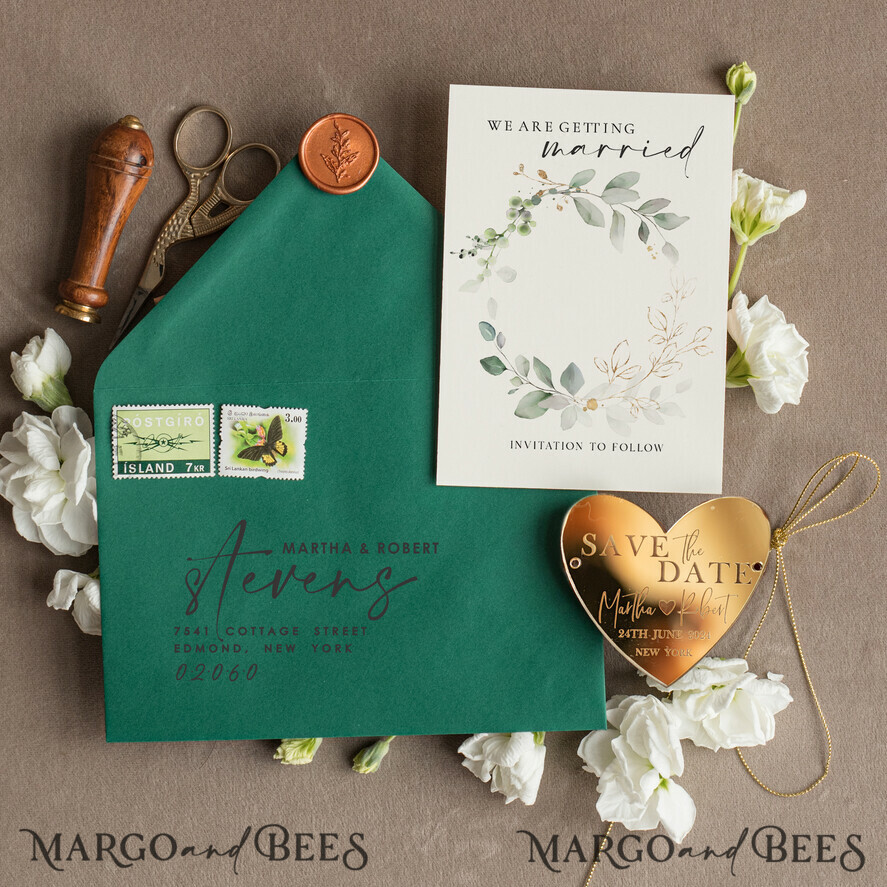 SAVE THE DATES acrylic gold magnets Personalised Gold Save the Date Acrylic Heart Magnet and Card, Gold Heart Wedding Save The Dates Acrylic Magnets, Green Save The Date Cards with heart magnet