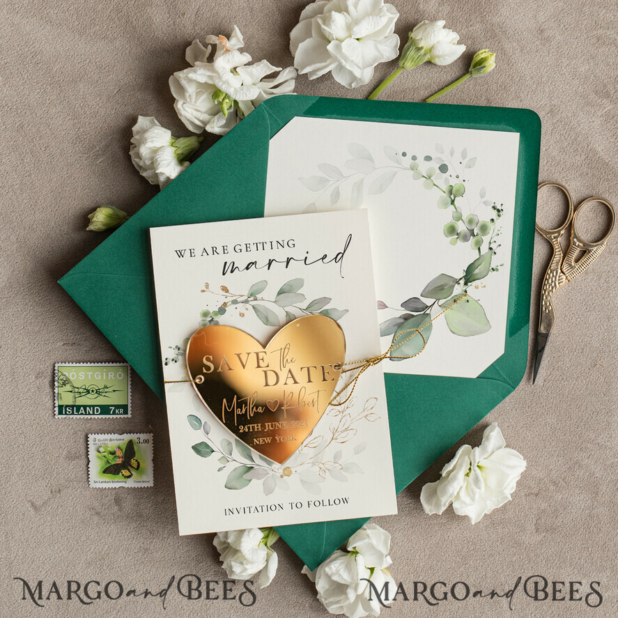 SAVE THE DATES acrylic gold magnets Personalised Gold Save the Date Acrylic Heart Magnet and Card, Gold Heart Wedding Save The Dates Acrylic Magnets, Green Save The Date Cards with heart magnet