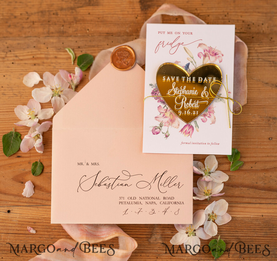 SAVE THE DATES acrylic gold magnets Bespoke wedding save the date, hexagon mirror maget