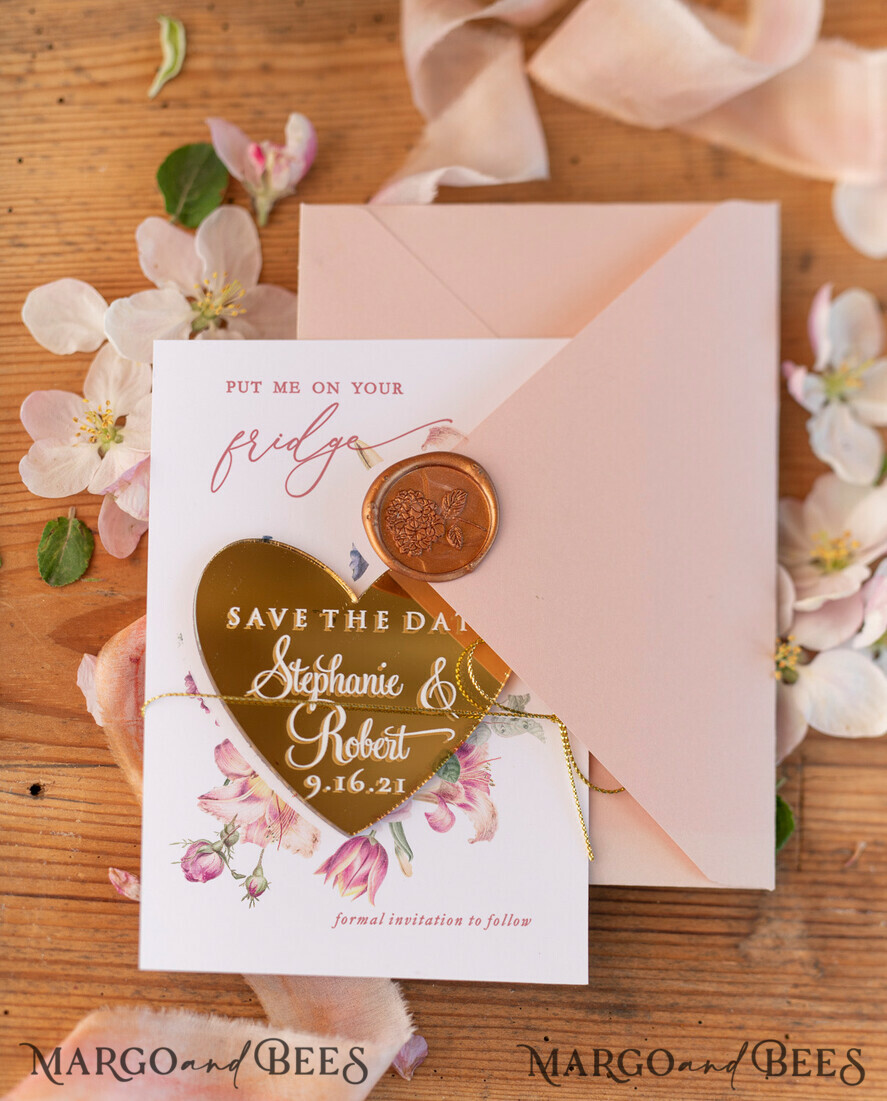 SAVE THE DATES acrylic gold magnets Bespoke wedding save the date, hexagon mirror maget
