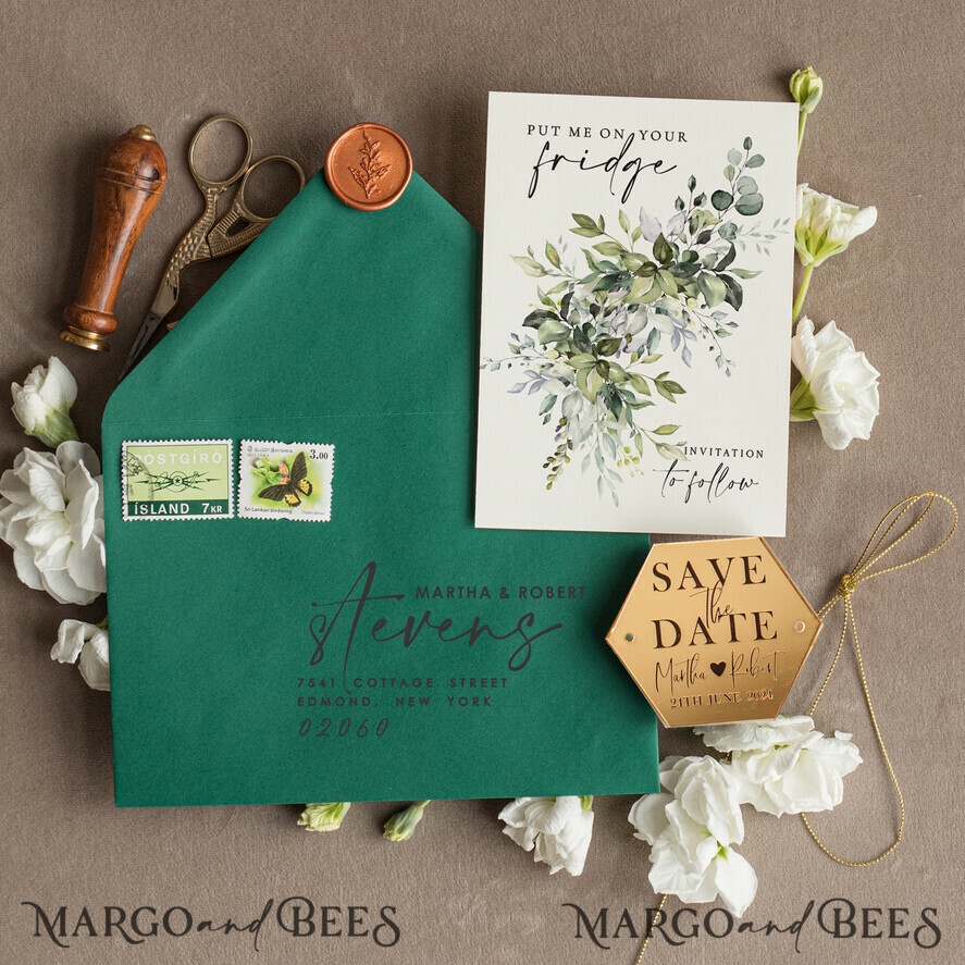 SAVE THE DATES acrylic gold magnets Luxury Gold Save the Date Acrylic Hexagon Magnet and Card, Gold hexagon Wedding Save The Dates Acrylic Magnets, Dark Green envelope Save The Date