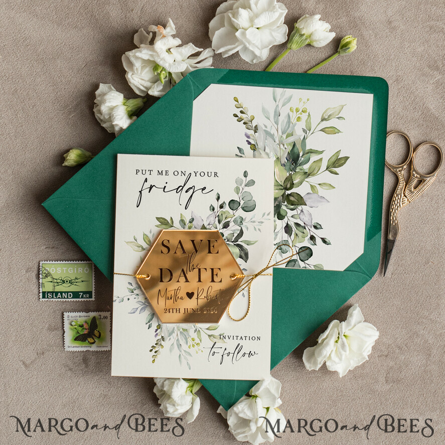 SAVE THE DATES acrylic gold magnets Luxury Gold Save the Date Acrylic Hexagon Magnet and Card, Gold hexagon Wedding Save The Dates Acrylic Magnets, Dark Green envelope Save The Date