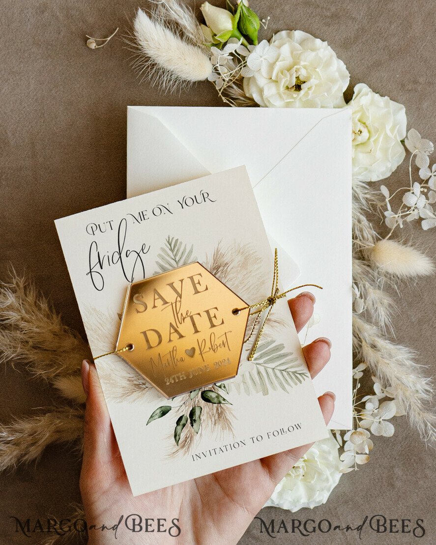 SAVE THE DATES acrylic gold magnets Personalised Gold Acrylic hexagon Save the Date Magnet and Card, ivory Wedding Save The Dates Plexi Magnets, Wedding Boho Save The Date Cards