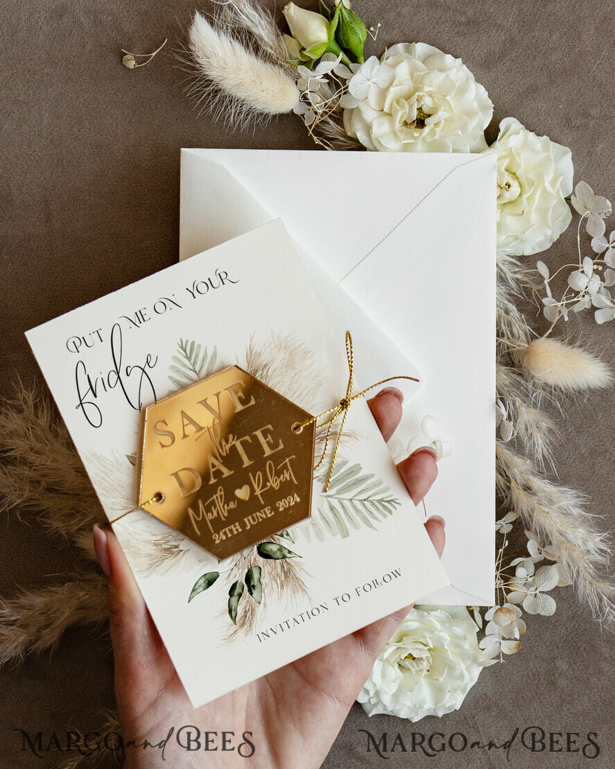 SAVE THE DATES acrylic gold magnets Personalised Gold Acrylic hexagon Save the Date Magnet and Card, ivory Wedding Save The Dates Plexi Magnets, Wedding Boho Save The Date Cards