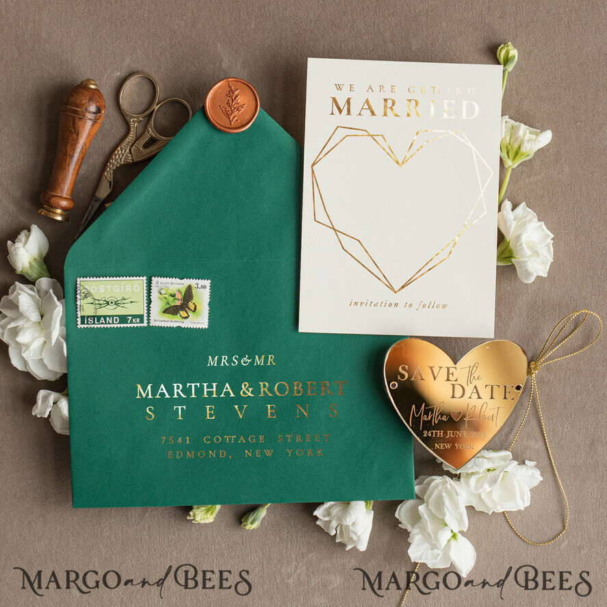SAVE THE DATES acrylic gold magnets Elegant Save the Date Heart Magnet and Card, Gold Dark Green Elegant Wedding Save The Dates Acrylic Heart