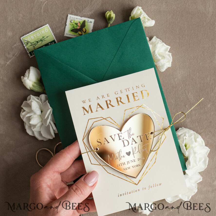SAVE THE DATES acrylic gold magnets Elegant Save the Date Heart Magnet and Card, Gold Dark Green Elegant Wedding Save The Dates Acrylic Heart