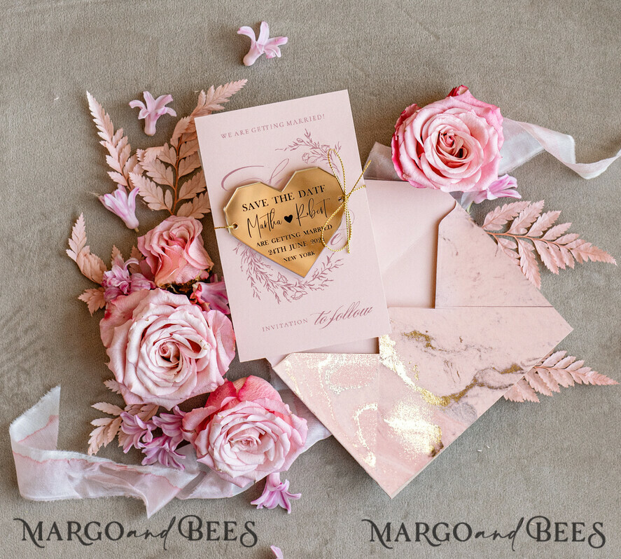 SAVE THE DATES acrylic gold magnets Luxury Save the Date card, Gold Heart Acrylic Magnet and blush pink card, Save the Date Heart Acrylic Magnet, Gold Elegant Wedding Save The Dates