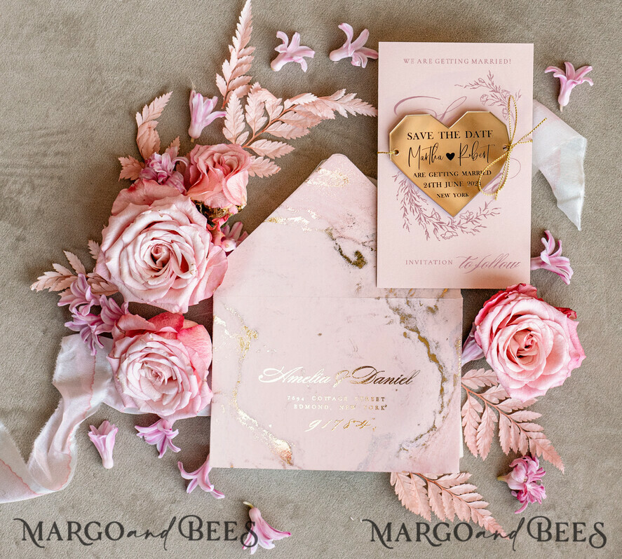 SAVE THE DATES acrylic gold magnets Luxury Save the Date card, Gold Heart Acrylic Magnet and blush pink card, Save the Date Heart Acrylic Magnet, Gold Elegant Wedding Save The Dates