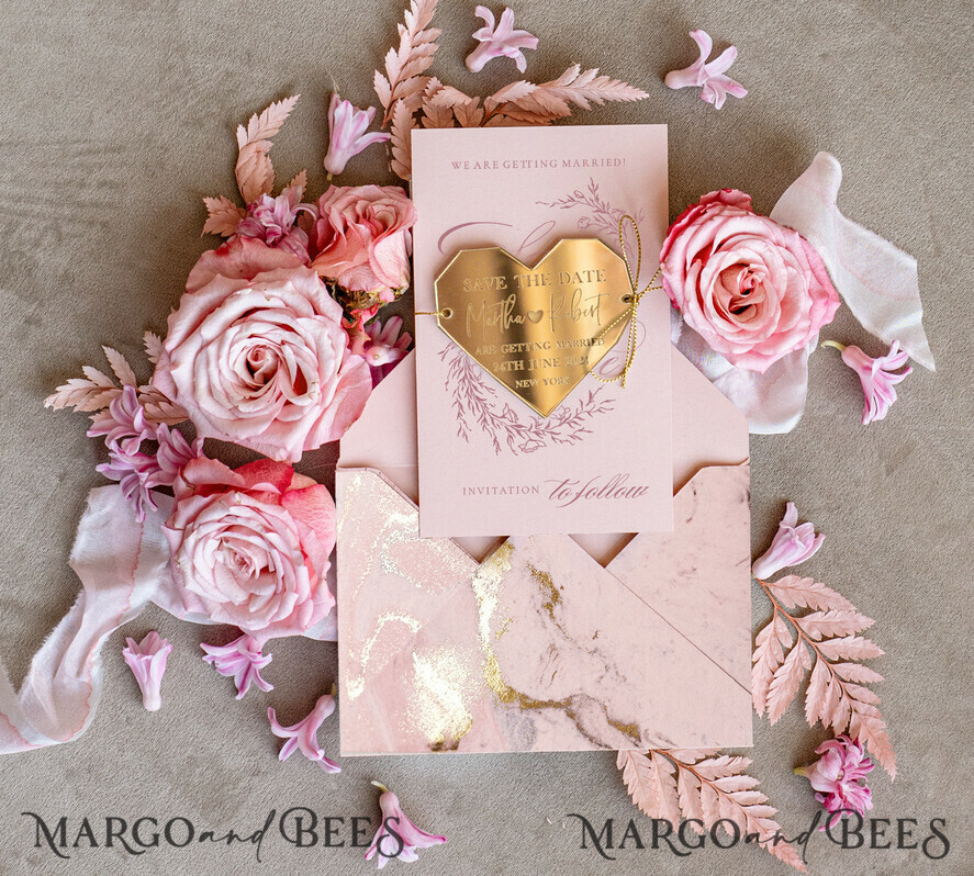 SAVE THE DATES acrylic gold magnets Luxury Save the Date card, Gold Heart Acrylic Magnet and blush pink card, Save the Date Heart Acrylic Magnet, Gold Elegant Wedding Save The Dates