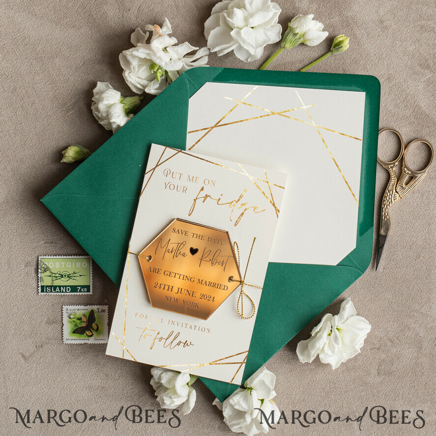 SAVE THE DATES acrylic gold magnets Luxury Save the Date Hexagon Acrylic Magnet and Card, Greenery Gold Greenery Elegant Wedding Save The Dates Acrylic Magnets, glamour Save The Date Cards