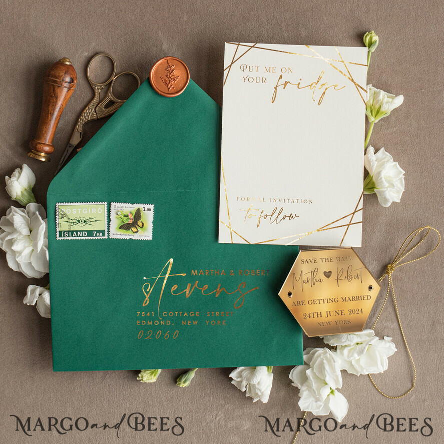 SAVE THE DATES acrylic gold magnets Luxury Save the Date Hexagon Acrylic Magnet and Card, Greenery Gold Greenery Elegant Wedding Save The Dates Acrylic Magnets, glamour Save The Date Cards