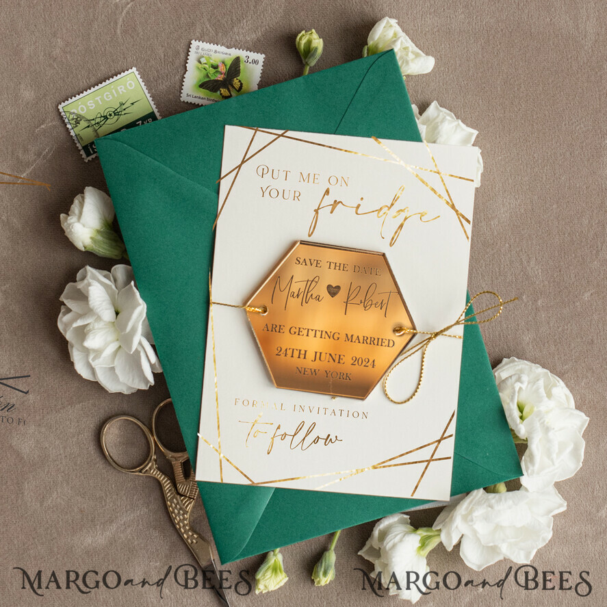 SAVE THE DATES acrylic gold magnets Luxury Save the Date Hexagon Acrylic Magnet and Card, Greenery Gold Greenery Elegant Wedding Save The Dates Acrylic Magnets, glamour Save The Date Cards