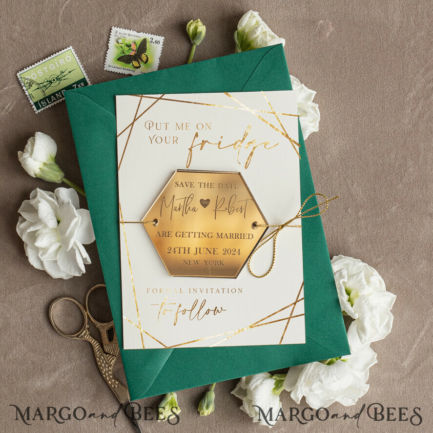 SAVE THE DATES acrylic gold magnets Luxury Save the Date Hexagon Acrylic Magnet and Card, Greenery Gold Greenery Elegant Wedding Save The Dates Acrylic Magnets, glamour Save The Date Cards