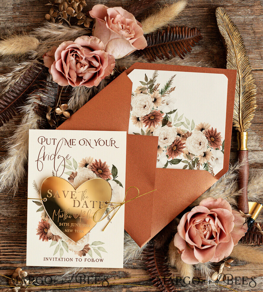 SAVE THE DATES acrylic gold magnets Personalised Save the Date Heart Acrylic Magnet and Card, Gold Terracotta Elegant Wedding Save The Dates Acrylic Heart, boho Save The Date Cards