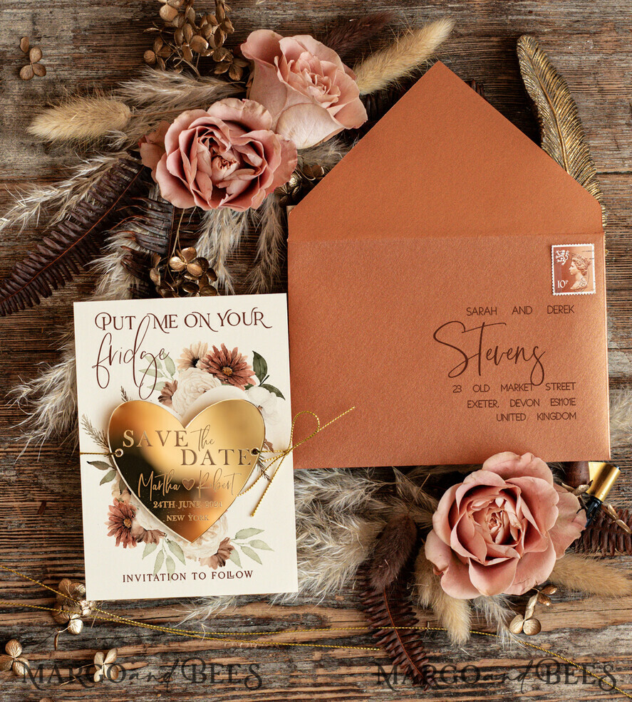 SAVE THE DATES acrylic gold magnets Personalised Save the Date Heart Acrylic Magnet and Card, Gold Terracotta Elegant Wedding Save The Dates Acrylic Heart, boho Save The Date Cards